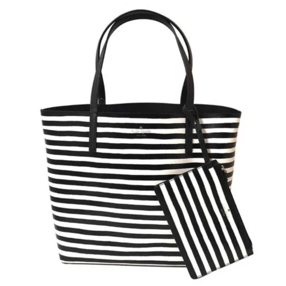 Kate Spade Black and White Stripes Reversible Tote Bag with Wallet Brand New - Picture 1 of 9